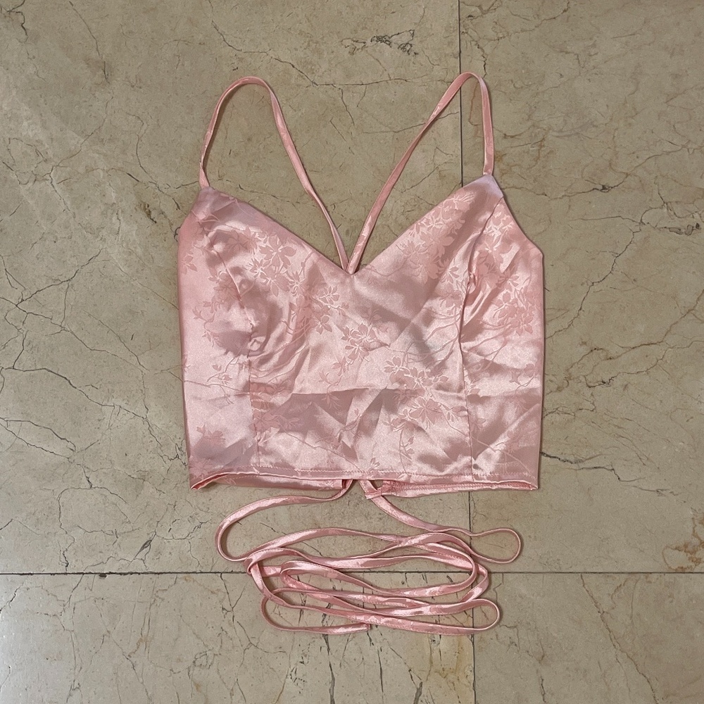 Pink Satin Lace Up Top